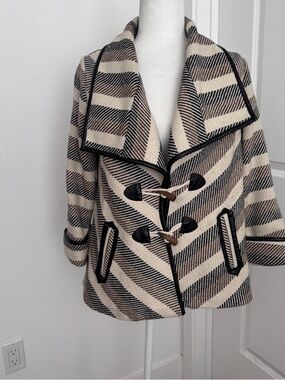 Jolt Cream, Brown & Black Striped Toggle Pea Coat